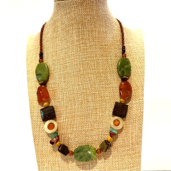 Multi-color Genuine Gemstone Necklace, toggle clasp/ greens, browns, tan, orange - Picture 5 of 10